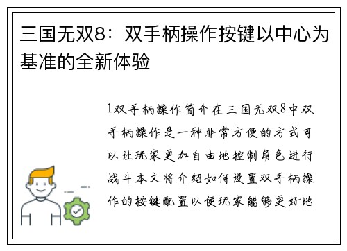 三国无双8：双手柄操作按键以中心为基准的全新体验