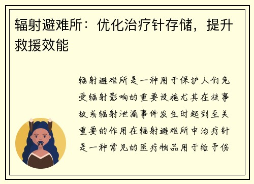辐射避难所：优化治疗针存储，提升救援效能